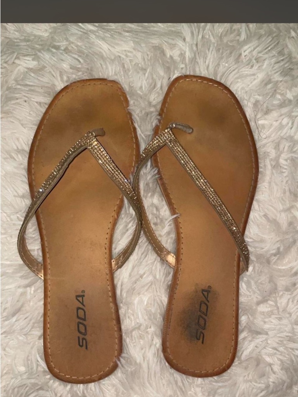 Soda Tan Rhinestone T-Strap Flat Sandals